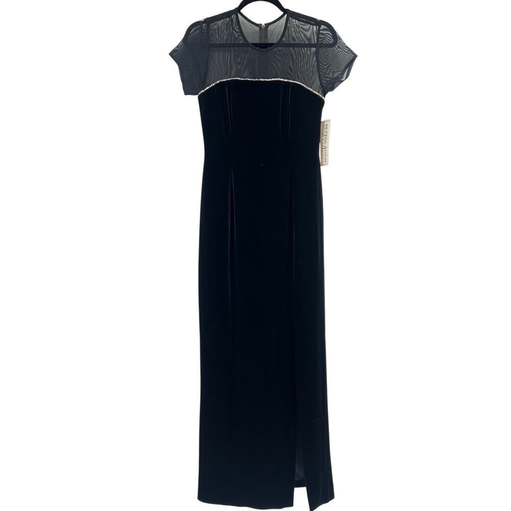 Vintage Betsy and Adam Mesh Top Black Velvet Formal Dress Size 8 Y2K Bedazzled